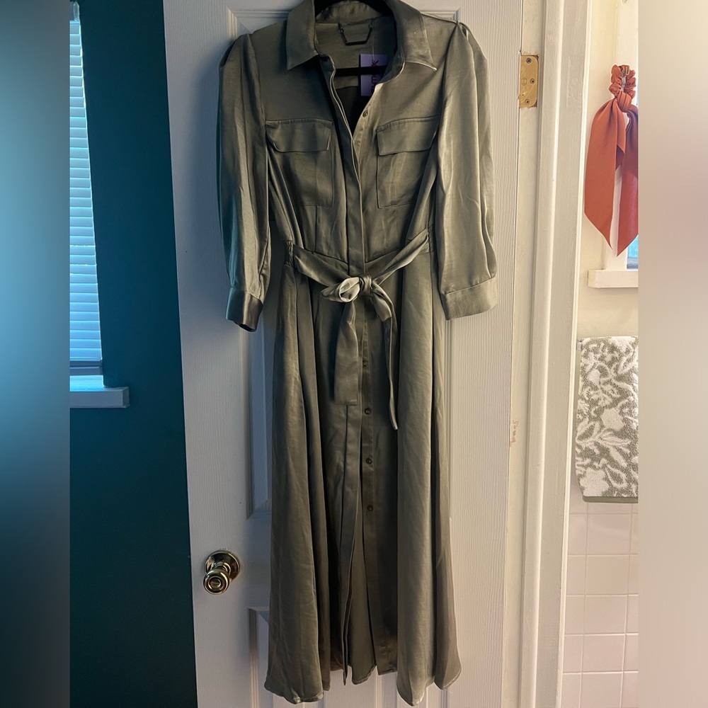Military green button down midi dress
